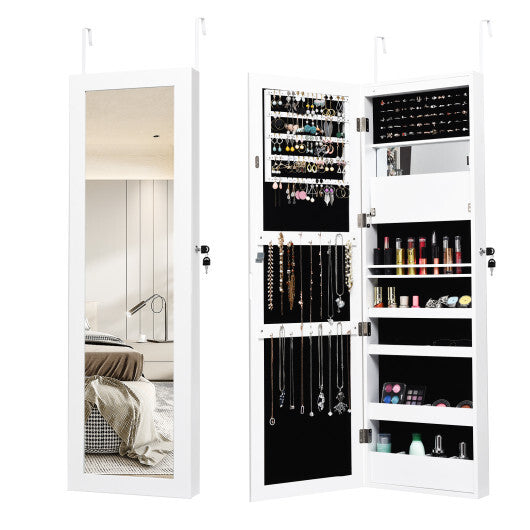 Lockable Wall Door Mounted Mirror Jewelry Cabinet w/LED Lights-Brown LuxuryLifeWay Online Store