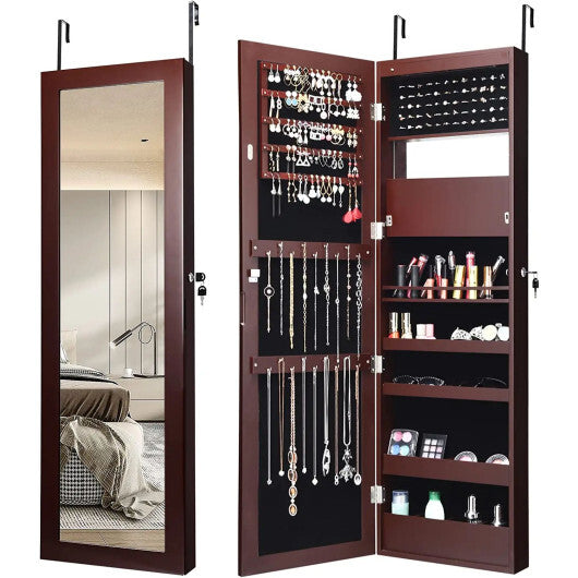 Lockable Wall Door Mounted Mirror Jewelry Cabinet w/LED Lights-Brown LuxuryLifeWay Online Store