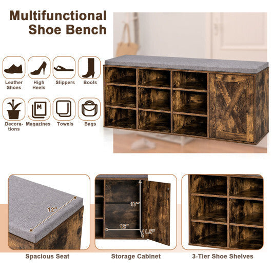 9-cube Adjustable Storage Shoe Bench with Padded Cushion-Rustic Brown LuxuryLifeWay Online Store