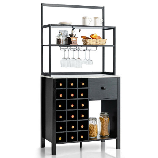 Kitchen Bakers Rack Freestanding Wine Rack Table with Glass Holder and Drawer-Black LuxuryLifeWay Online Store