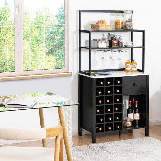 Kitchen Bakers Rack Freestanding Wine Rack Table with Glass Holder and Drawer-Black - Color: Black LuxuryLifeWay Online Store