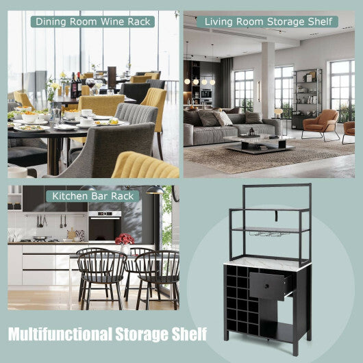 Kitchen Bakers Rack Freestanding Wine Rack Table with Glass Holder and Drawer-Black - Color: Black LuxuryLifeWay Online Store