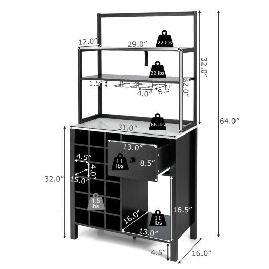 Kitchen Bakers Rack Freestanding Wine Rack Table with Glass Holder and Drawer-Black - Color: Black LuxuryLifeWay Online Store