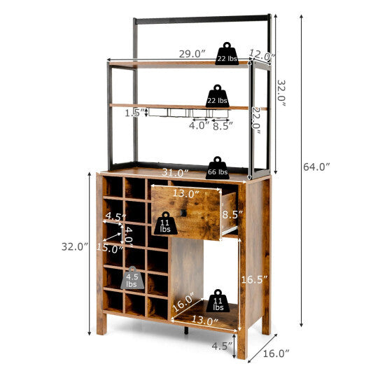 Kitchen Bakers Rack Freestanding Wine Rack Table with Glass Holder and Drawer-Black LuxuryLifeWay Online Store