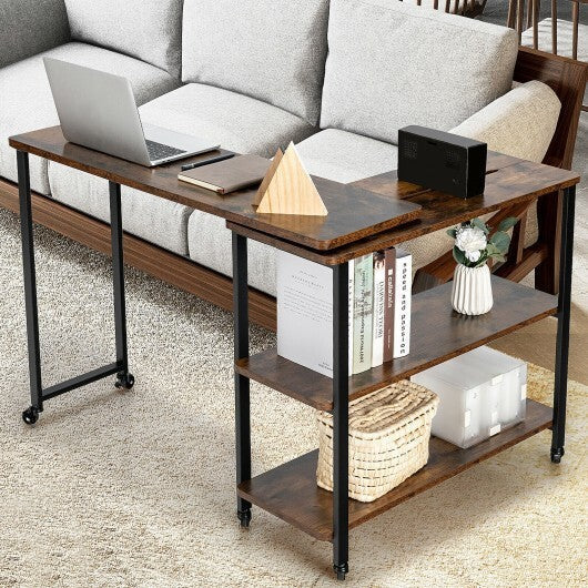 Large 360-Degree Free Rotating Sofa Side Table with Wheels and Storage Shelf-Rustic Brown - Color: Rustic Brown LuxuryLifeWay Online Store