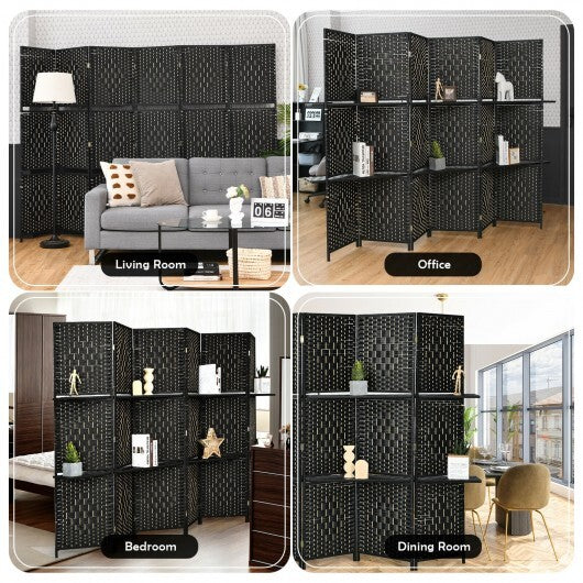 6 Panel Folding Weave Fiber Room Divider with 2 Display Shelves -Brown