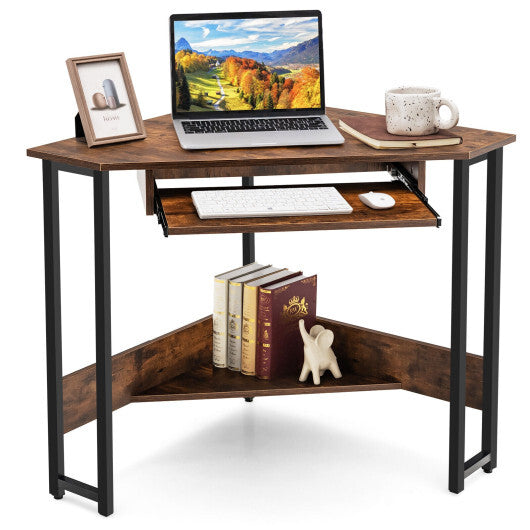 Triangle Corner Desk with Charging Station Keyboard Tray and Storage Shelf-Rustic Brown - Color: Rustic Brown LuxuryLifeWay Online Store