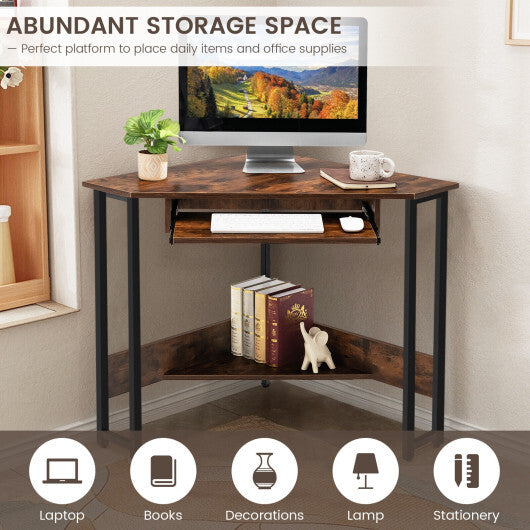 Triangle Corner Desk with Charging Station Keyboard Tray and Storage Shelf-Rustic Brown
