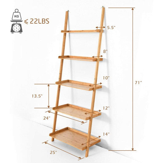 5-Tier Ladder Shelf Bamboo Bookshelf Wall-Leaning Storage Display Plant Stand-Natural