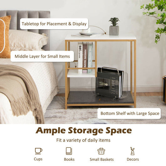 3-Tier Multi-function Marble End Table with Storage Shelf-Golden LuxuryLifeWay Online Store
