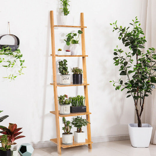 5-Tier Modern Bamboo Wall-Leaning Display Ladder Bookshelf LuxuryLifeWay Online Store