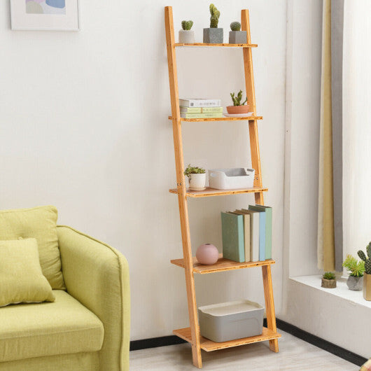 5-Tier Modern Bamboo Wall-Leaning Display Ladder Bookshelf LuxuryLifeWay Online Store