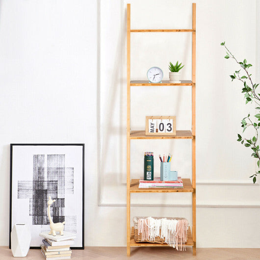5-Tier Modern Bamboo Wall-Leaning Display Ladder Bookshelf LuxuryLifeWay Online Store