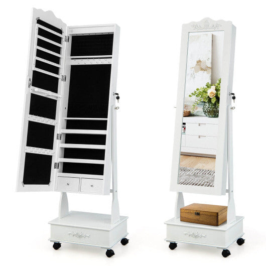 Rolling Floor Standing Mirrored Jewelry Armoire with Lock and Drawers-White - Color: White LuxuryLifeWay Online Store