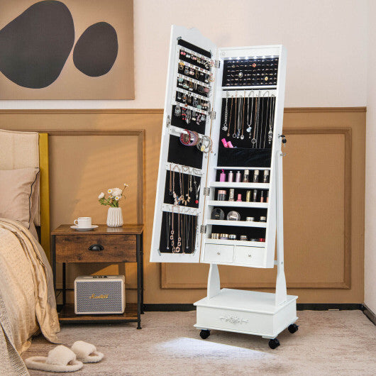 Rolling Floor Standing Mirrored Jewelry Armoire with Lock and Drawers-White - Color: White LuxuryLifeWay Online Store