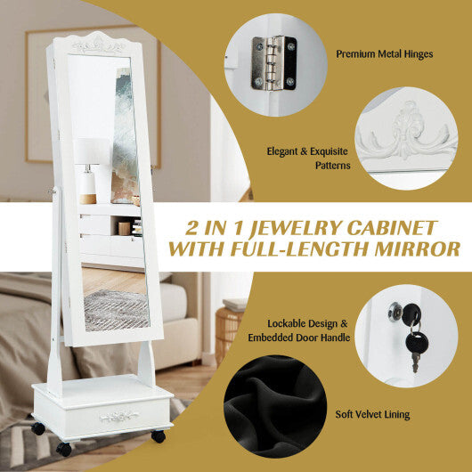 Rolling Floor Standing Mirrored Jewelry Armoire with Lock and Drawers-White - Color: White LuxuryLifeWay Online Store