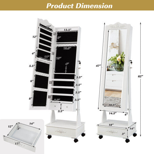 Rolling Floor Standing Mirrored Jewelry Armoire with Lock and Drawers-White - Color: White LuxuryLifeWay Online Store