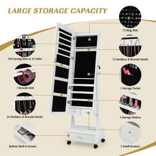 Rolling Floor Standing Mirrored Jewelry Armoire with Lock and Drawers-White - Color: White LuxuryLifeWay Online Store