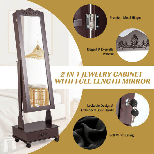 Rolling Floor Standing Mirrored Jewelry Armoire with Lock and Drawers-White