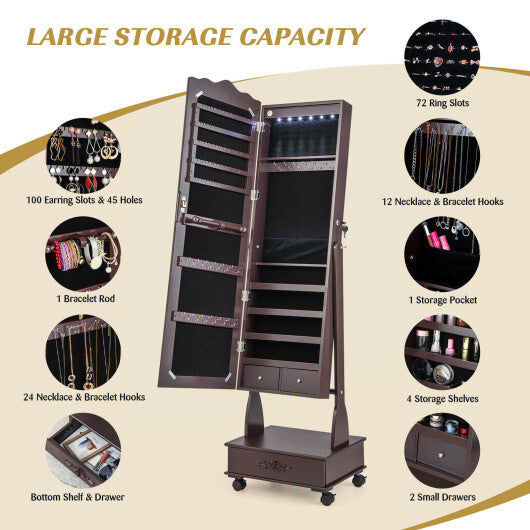 Rolling Floor Standing Mirrored Jewelry Armoire with Lock and Drawers-White