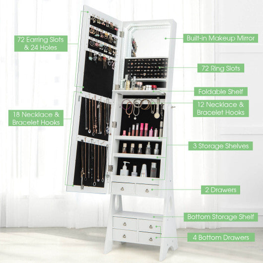 Freestanding Full Length LED Mirrored Jewelry Armoire with 6 Drawers-White LuxuryLifeWay Online Store