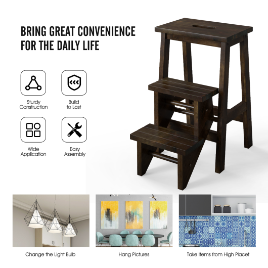3-in-1 Rubber Wood Step Stool with Convenient Handle-Brown LuxuryLifeWay Online Store