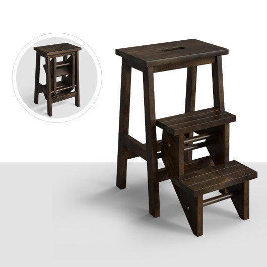 3-in-1 Rubber Wood Step Stool with Convenient Handle-Brown LuxuryLifeWay Online Store