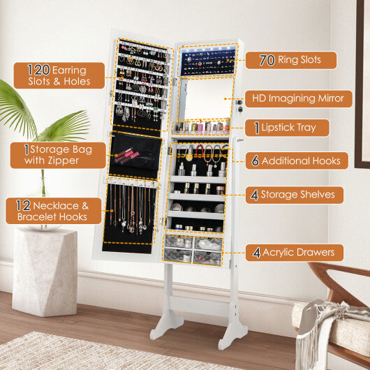 Free Standing Full Length Jewelry Armoire with LED Lights-White - Color: White LuxuryLifeWay Online Store