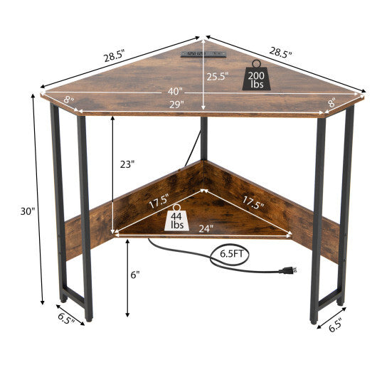 Triangle Computer Corner Desk with Charging Station-Rustic Brown LuxuryLifeWay Online Store