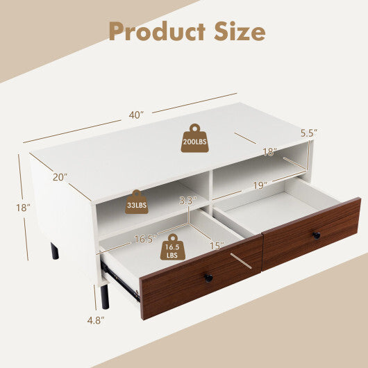 2 Tier 40 Inch Length Modern Rectangle Coffee Table with Storage Shelf and Drawers-White - Color: White LuxuryLifeWay Online Store