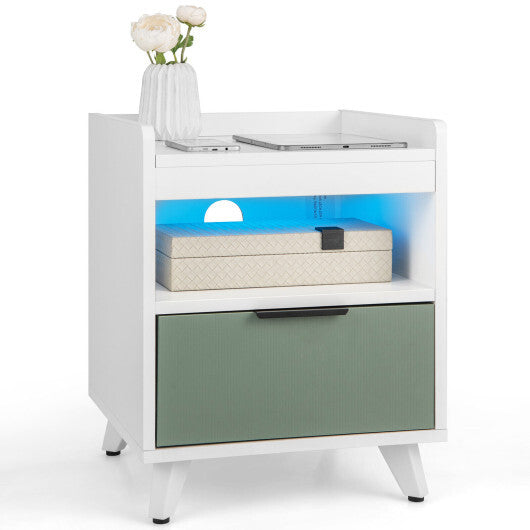 Modern Nightstand with LED Lights Sliding Drawer and Open Compartment-White LuxuryLifeWay Online Store