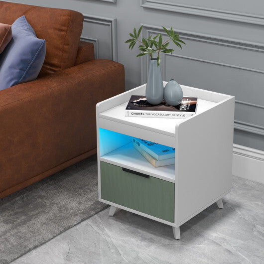 Modern Nightstand with LED Lights Sliding Drawer and Open Compartment-White LuxuryLifeWay Online Store