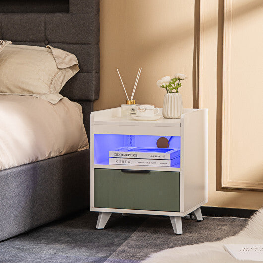 Modern Nightstand with LED Lights Sliding Drawer and Open Compartment-White LuxuryLifeWay Online Store