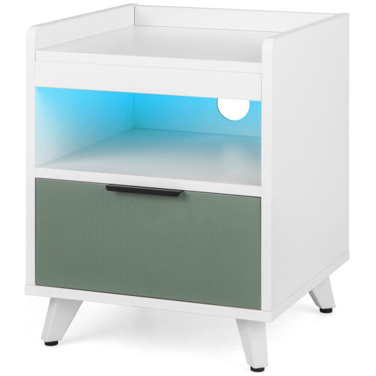 Modern Nightstand with LED Lights Sliding Drawer and Open Compartment-White LuxuryLifeWay Online Store