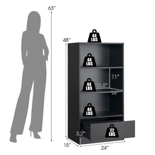 48 Inch Tall 4 Tiers Wood Bookcase with Drawer-Black - Color: Black - Size: 48 inches LuxuryLifeWay Online Store