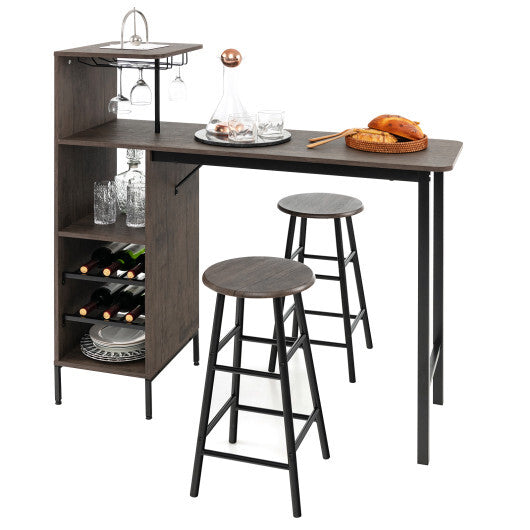 3 Piece Bar Table and Chairs Set with 6-Bottle Wine Rack-Rustic Brown LuxuryLifeWay Online Store