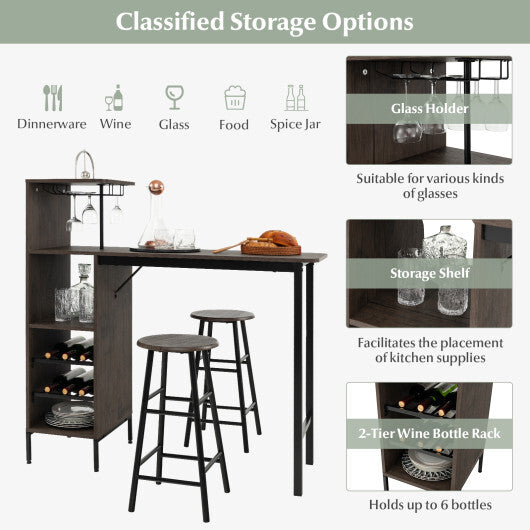 3 Piece Bar Table and Chairs Set with 6-Bottle Wine Rack-Rustic Brown LuxuryLifeWay Online Store