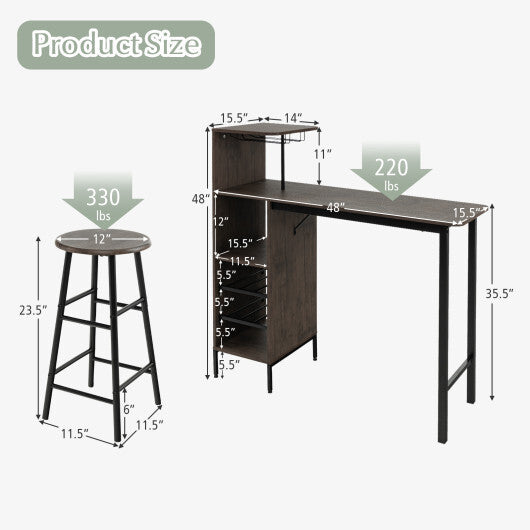 3 Piece Bar Table and Chairs Set with 6-Bottle Wine Rack-Rustic Brown LuxuryLifeWay Online Store