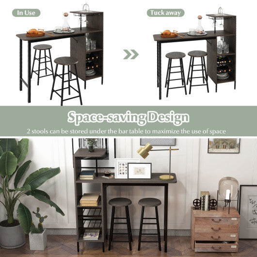 3 Piece Bar Table and Chairs Set with 6-Bottle Wine Rack-Rustic Brown LuxuryLifeWay Online Store