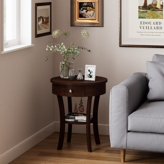 2-Tier Wood Round End Table with Open Drawer-White