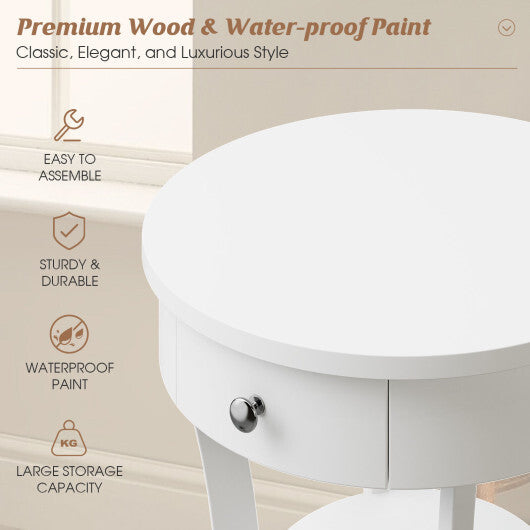 2-Tier Wood Round End Table with Open Drawer-White