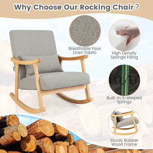Upholstered Rocking Chair with Pillow and Rubber Wood Frame-Gray LuxuryLifeWay Online Store