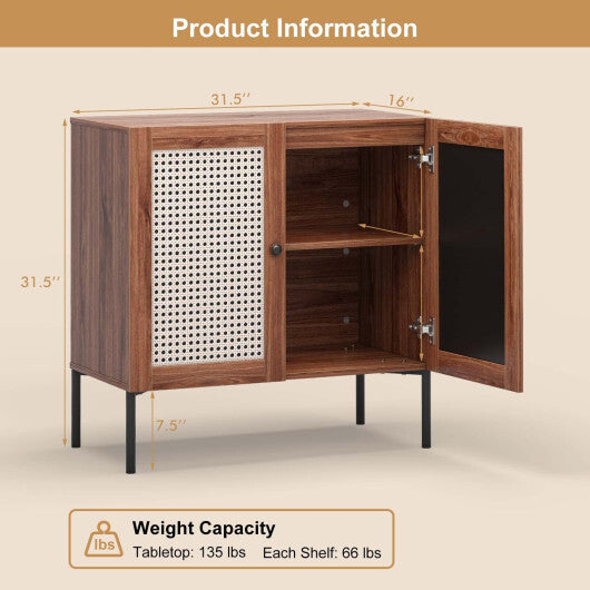 Kitchen Sideboard with 2 Rattan Doors and Adjustable Shelf-Walnut