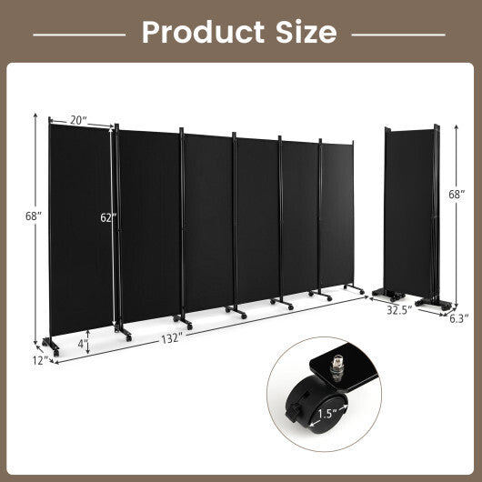 6 Panel 5.7 Feet Tall Rolling Room Divider on Wheels-Black LuxuryLifeWay Online Store
