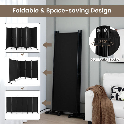 6 Panel 5.7 Feet Tall Rolling Room Divider on Wheels-Black LuxuryLifeWay Online Store