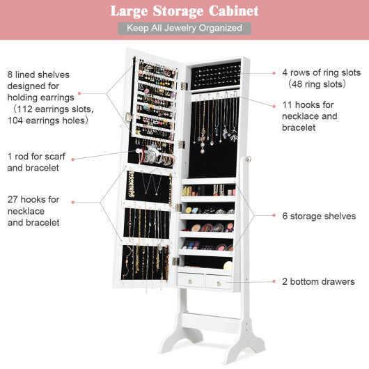 Lockable Mirrored Jewelry Cabinet Armoire Storage Organizer Box-White - Color: White LuxuryLifeWay Online Store