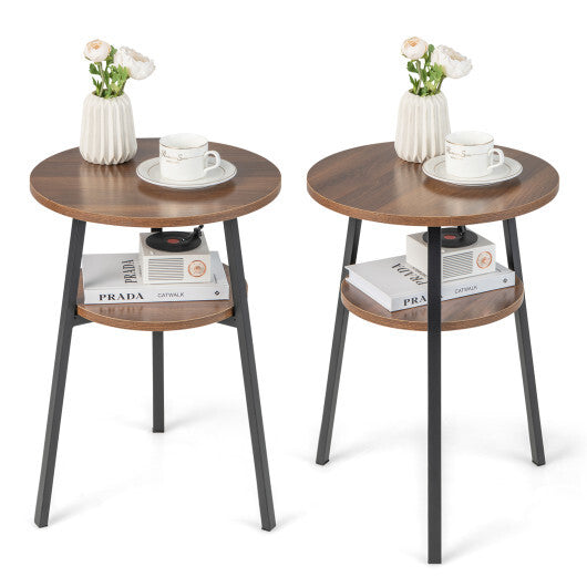 2-Tier Round End Table Set of 2 with Open Shelf and Triangular Metal Frame-Walnut LuxuryLifeWay Online Store