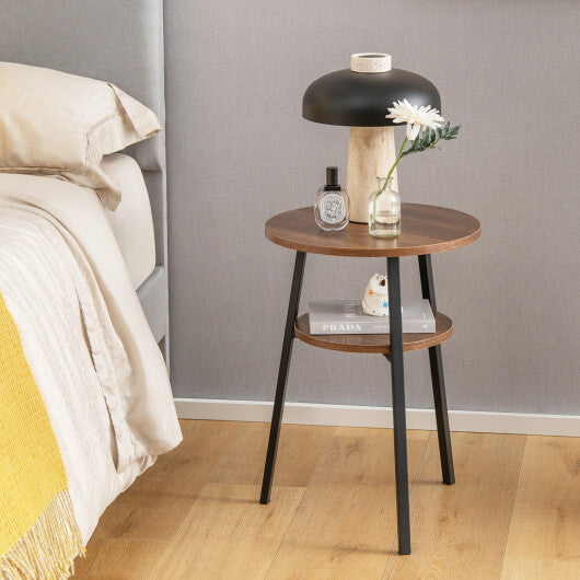 2-Tier Round End Table Set of 2 with Open Shelf and Triangular Metal Frame-Walnut LuxuryLifeWay Online Store