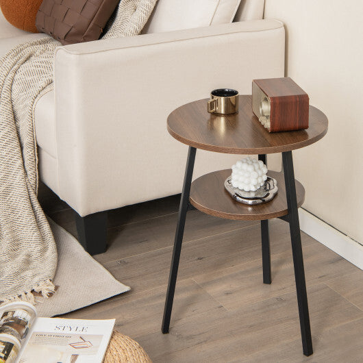2-Tier Round End Table Set of 2 with Open Shelf and Triangular Metal Frame-Walnut LuxuryLifeWay Online Store