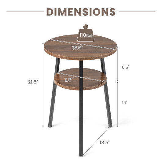 2-Tier Round End Table Set of 2 with Open Shelf and Triangular Metal Frame-Walnut LuxuryLifeWay Online Store